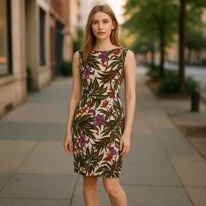 Kay Unger New York Silk Tropical Orchid Floral Fauna Sheath Dress & Scarf Size 4